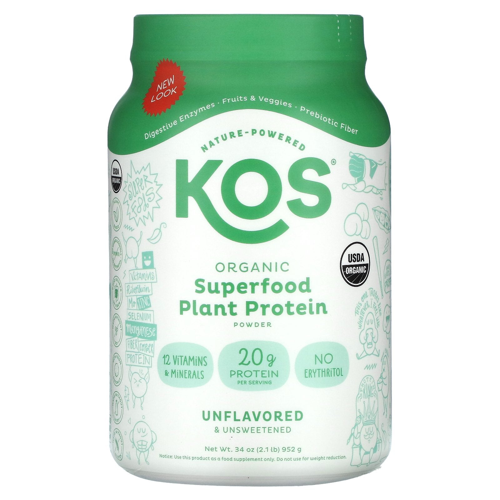 KOS, Organic Superfood Plant Protein Powder, Unflavored & Unsweetened, 2.1 lb (952 g)