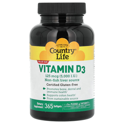 Country Life, Vitamin D3, 125 mcg (5,000 lU), 365 Softgels