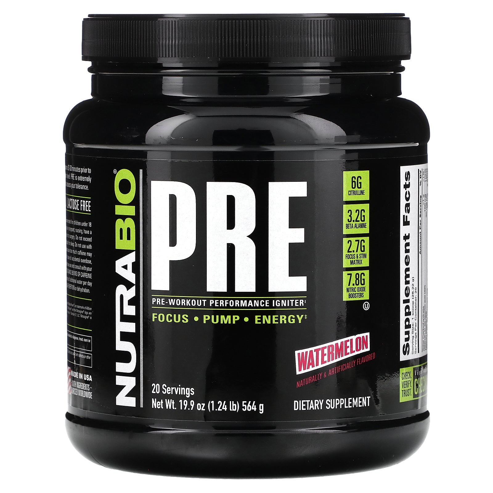 NutraBio, Pre-Workout Performance Igniter, Watermelon, 1.24 lb (564 g)