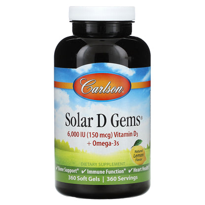 Carlson, Solar D Gems® , Vitamin D3 + Omega-3s, Natural Lemon, 360 Soft Gels