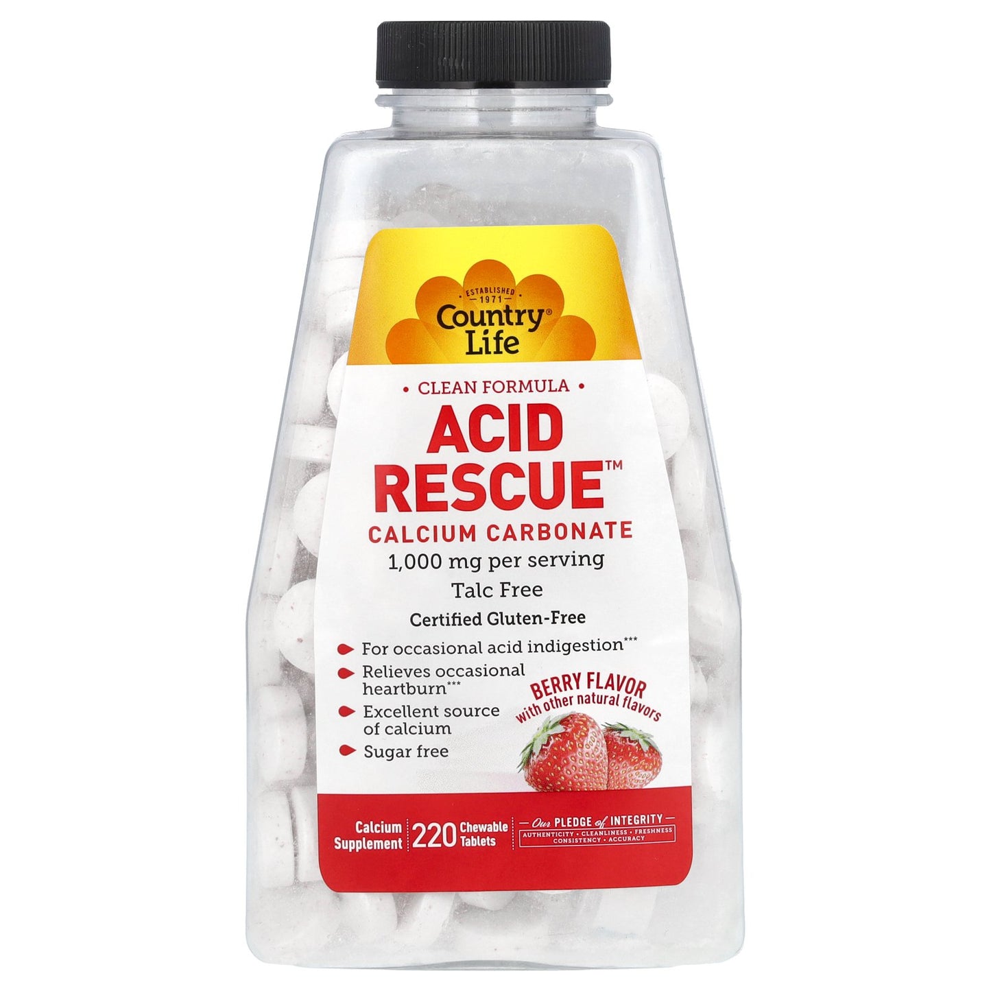 Country Life, Acid Rescue, Calcium Carbonate, Berry, 220 Chewable Tablets