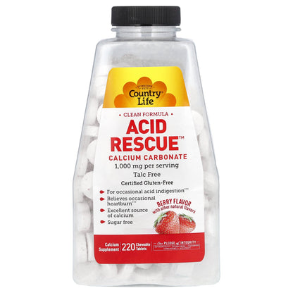 Country Life, Acid Rescue, Calcium Carbonate, Berry, 220 Chewable Tablets