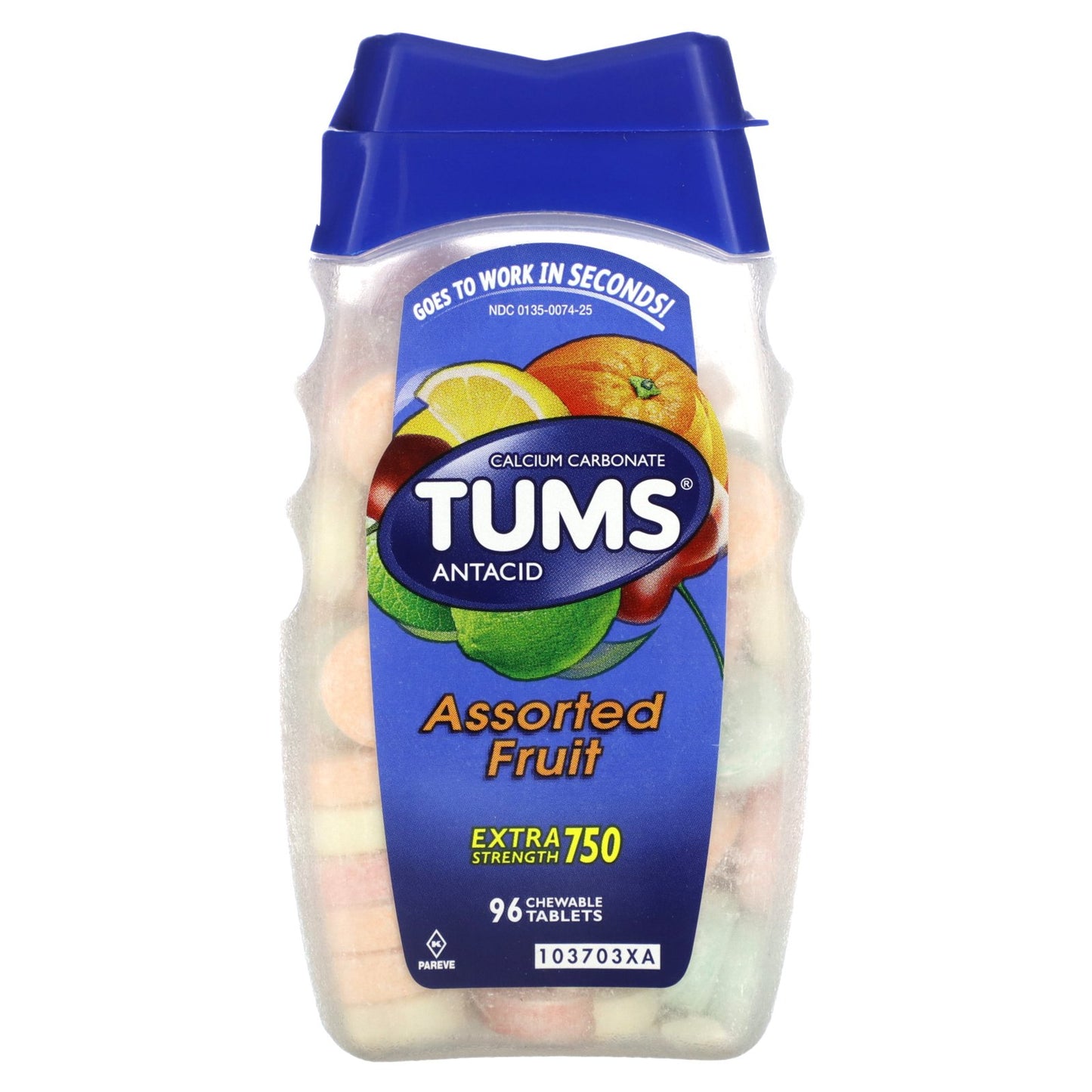 Tums, Extra Strength Antacid, Assorted Fruit, 750 mg, 96 Chewable Tablets