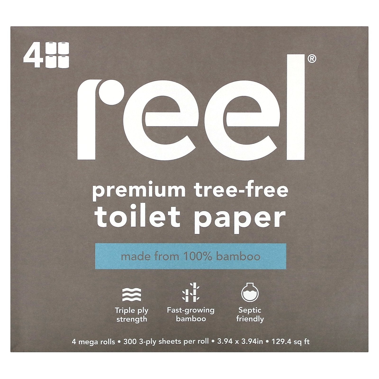 Reel, Premium Tree-Free Toilet Paper, 4 Mega Rolls