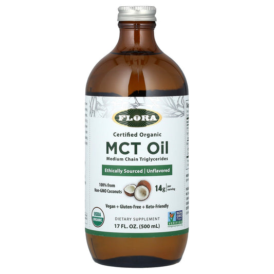 Flora, Certified Organic MCT Oil, Unflavored, 14 g, 17 fl oz (500 ml)