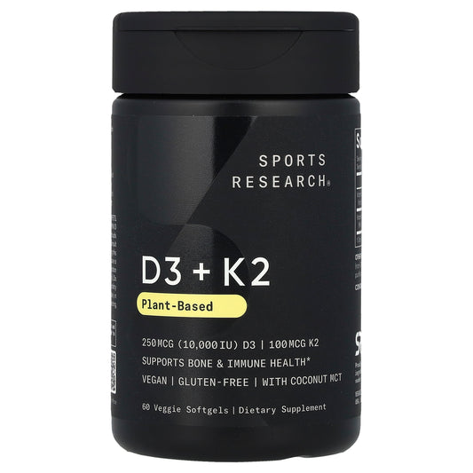 Sports Research, D3 + K2, Plant-Based, 250 mcg/100 mcg, 60 Veggie Softgels