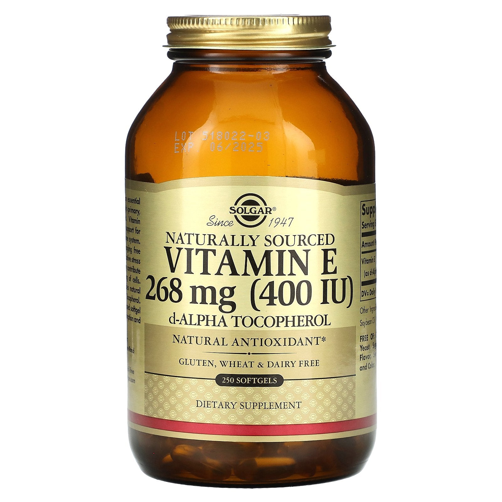 Solgar, Naturally Sourced Vitamin E, 268 mg (400 IU), 250 Softgels