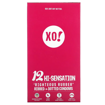 Here We Flo, XO! Righteous Rubber Ribbed + Dotted Condoms, Unscented, 12 Condoms