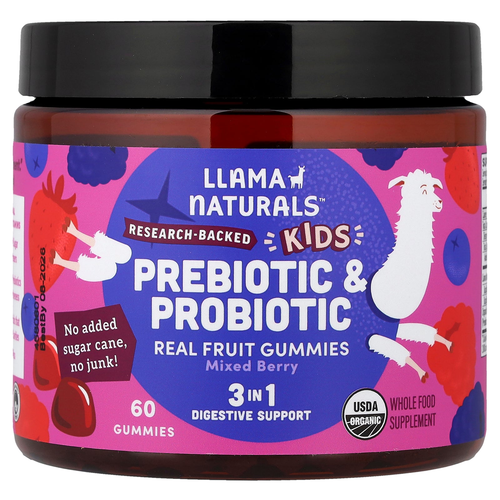 Llama Naturals, Kids Prebiotic & Probiotic, Real Fruit Gummies, Mixed Berry, 60 Gummies