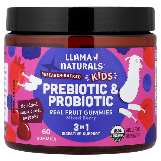 Llama Naturals, Kids Prebiotic & Probiotic, Real Fruit Gummies, Mixed Berry, 60 Gummies
