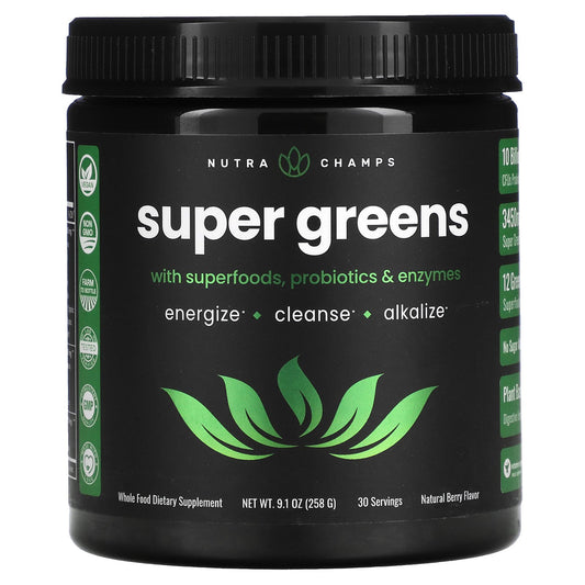 NutraChamps, Super Greens With Superfoods, Probiotics & Enzymes, Natural Berry, 9.1 oz (258 g)