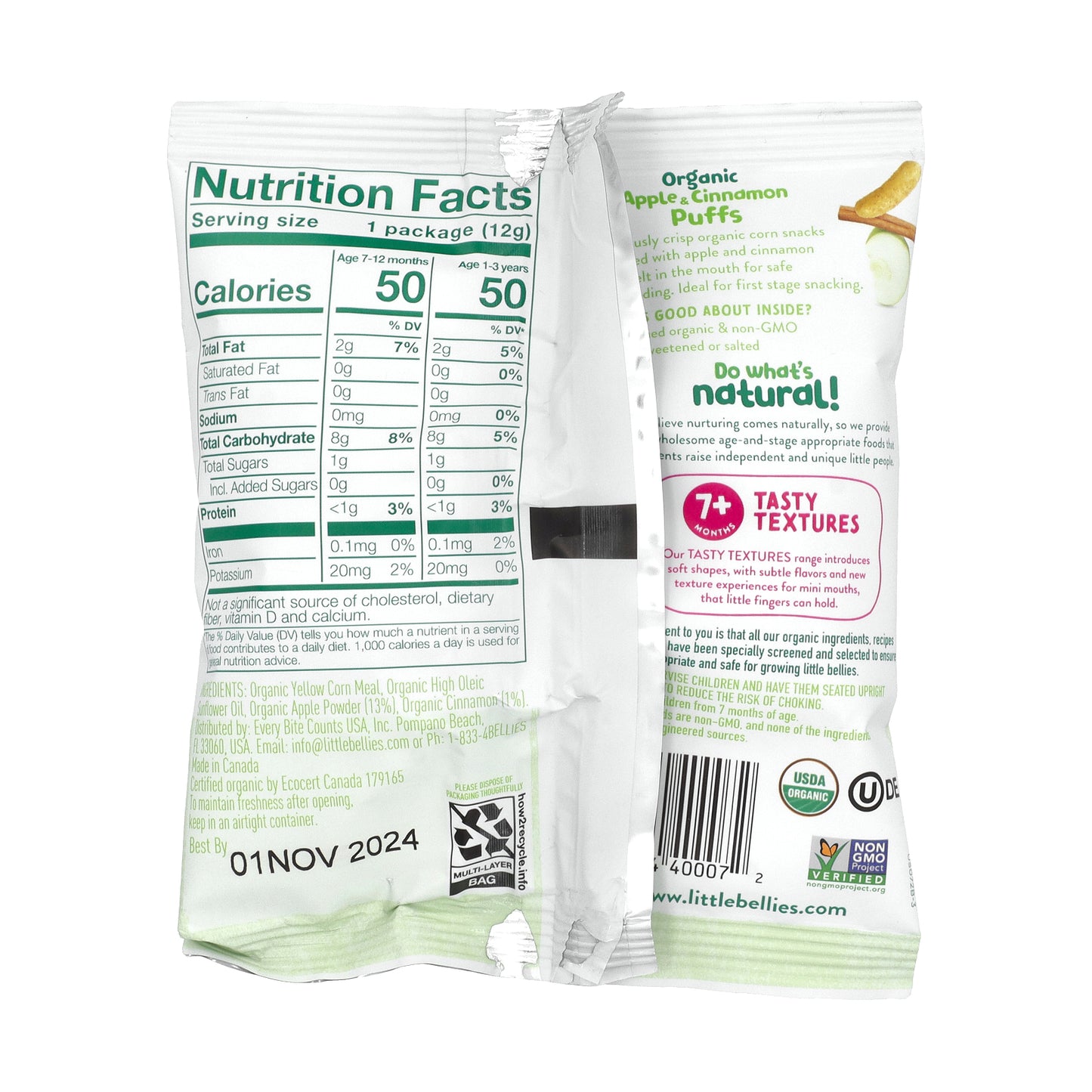 Little Bellies, Organic Apple & Cinnamon Puffs, 7+ Months, 18 Bags, 0.42 oz (12 g) Each