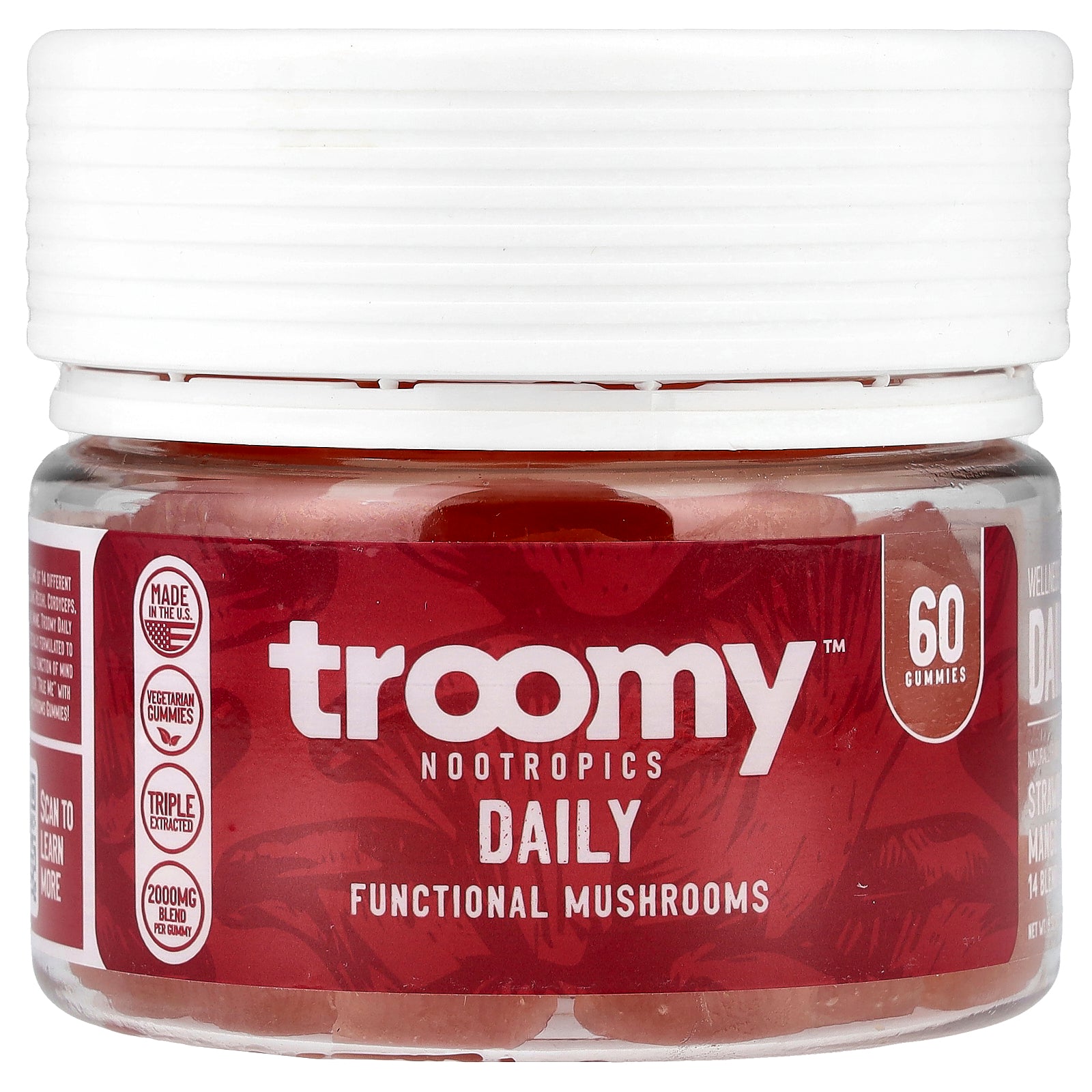 Troomy Nootropics, Daily, Functional Mushrooms Gummies, Strawberry Mango, 60 Gummies