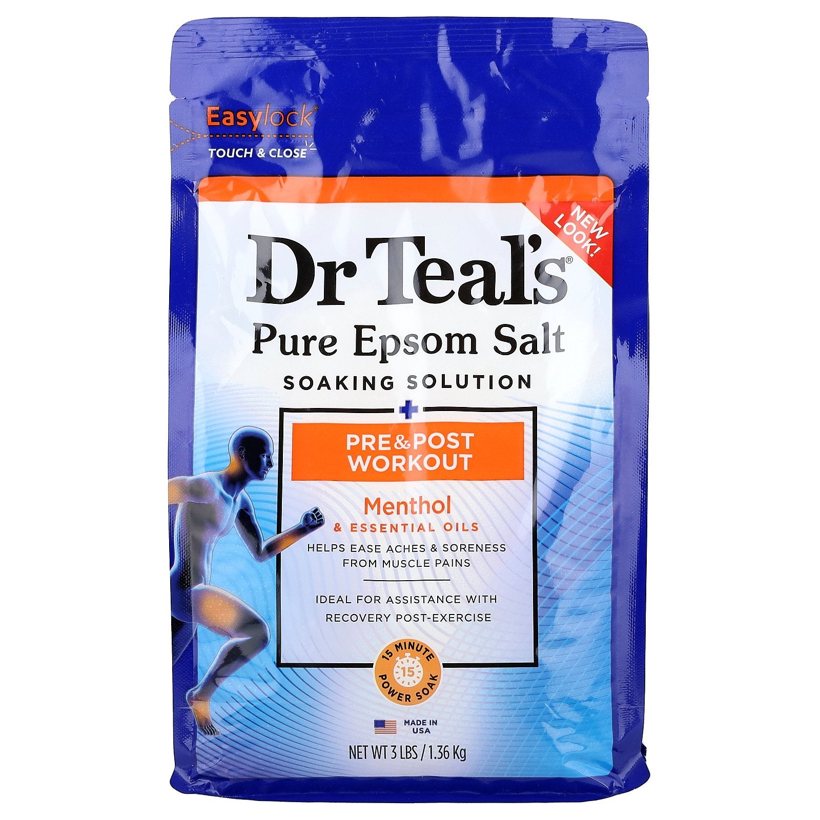 Dr. Teal's, Pure Epsom Salt Soaking Solution, Pre & Post Workout, Menthol & Essential Oils, 3 lbs (1.36 kg)