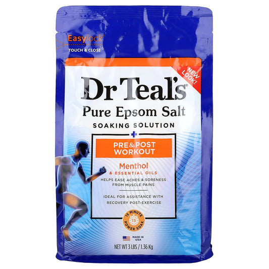 Dr. Teal's, Pure Epsom Salt Soaking Solution, Pre & Post Workout, Menthol & Essential Oils, 3 lbs (1.36 kg)