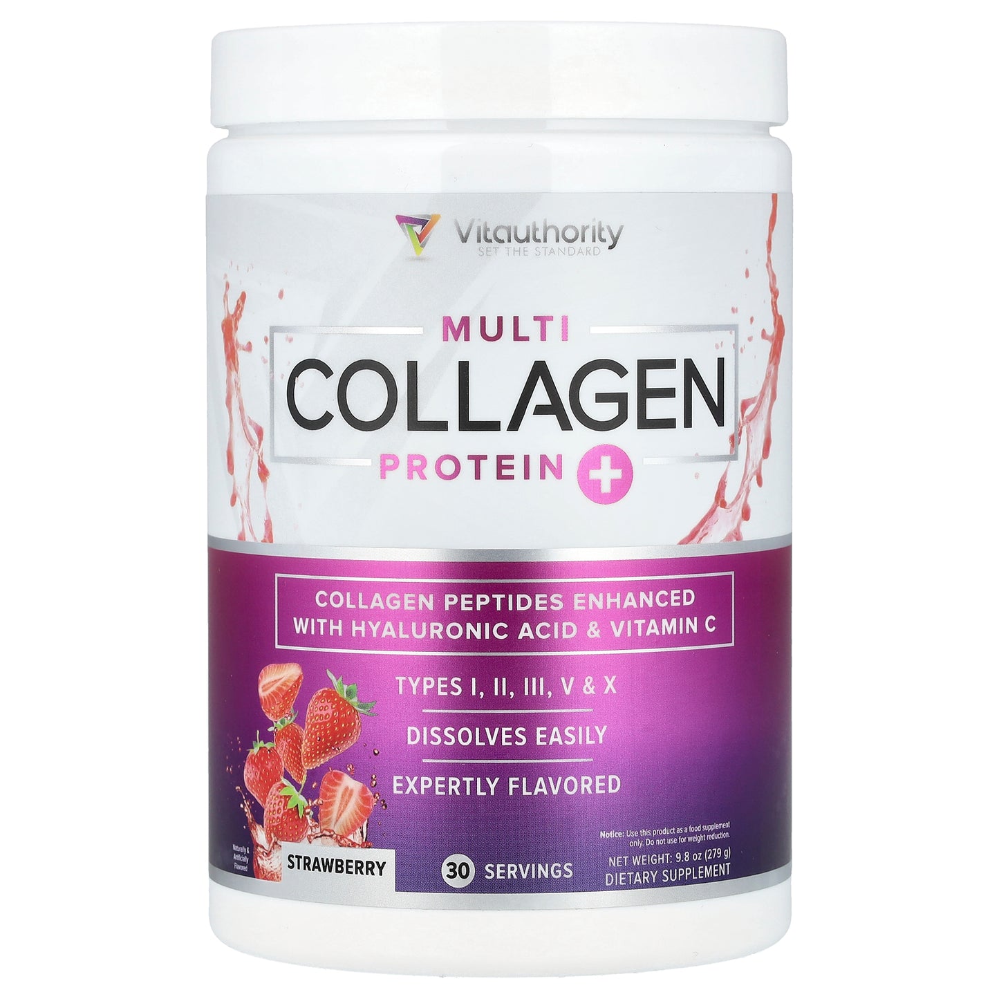 Vitauthority, Multi Collagen Protein+, Strawberry, 9.8 oz (279 g)