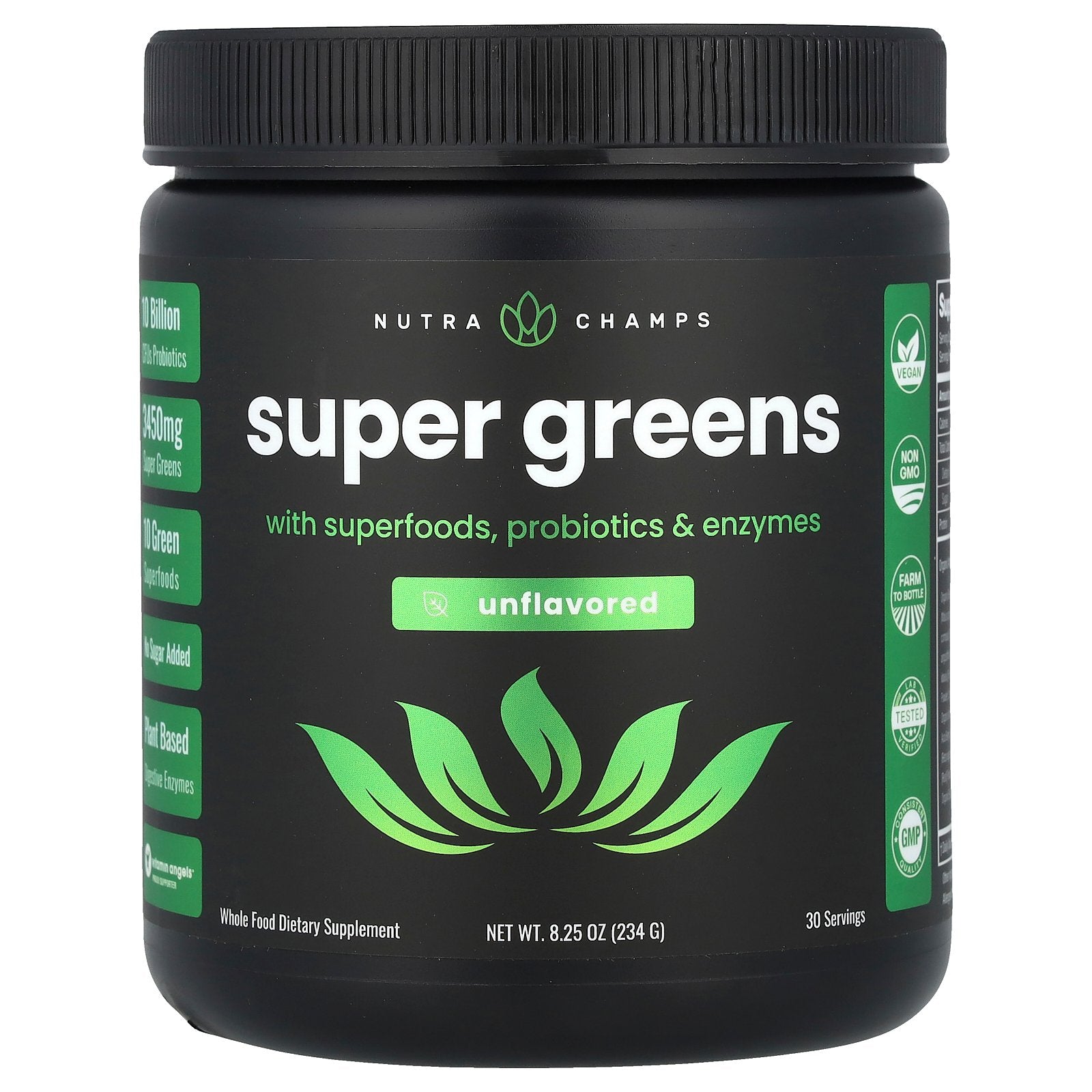 NutraChamps, Super Greens With Superfoods, Probiotics & Enzymes, Unflavored, 8.25 oz (234 g)