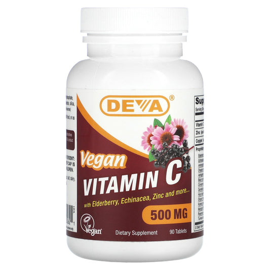 Deva, Vegan Vitamin C with Elderberry, Echinacea, Zinc, 500 mg, 90 Tablets