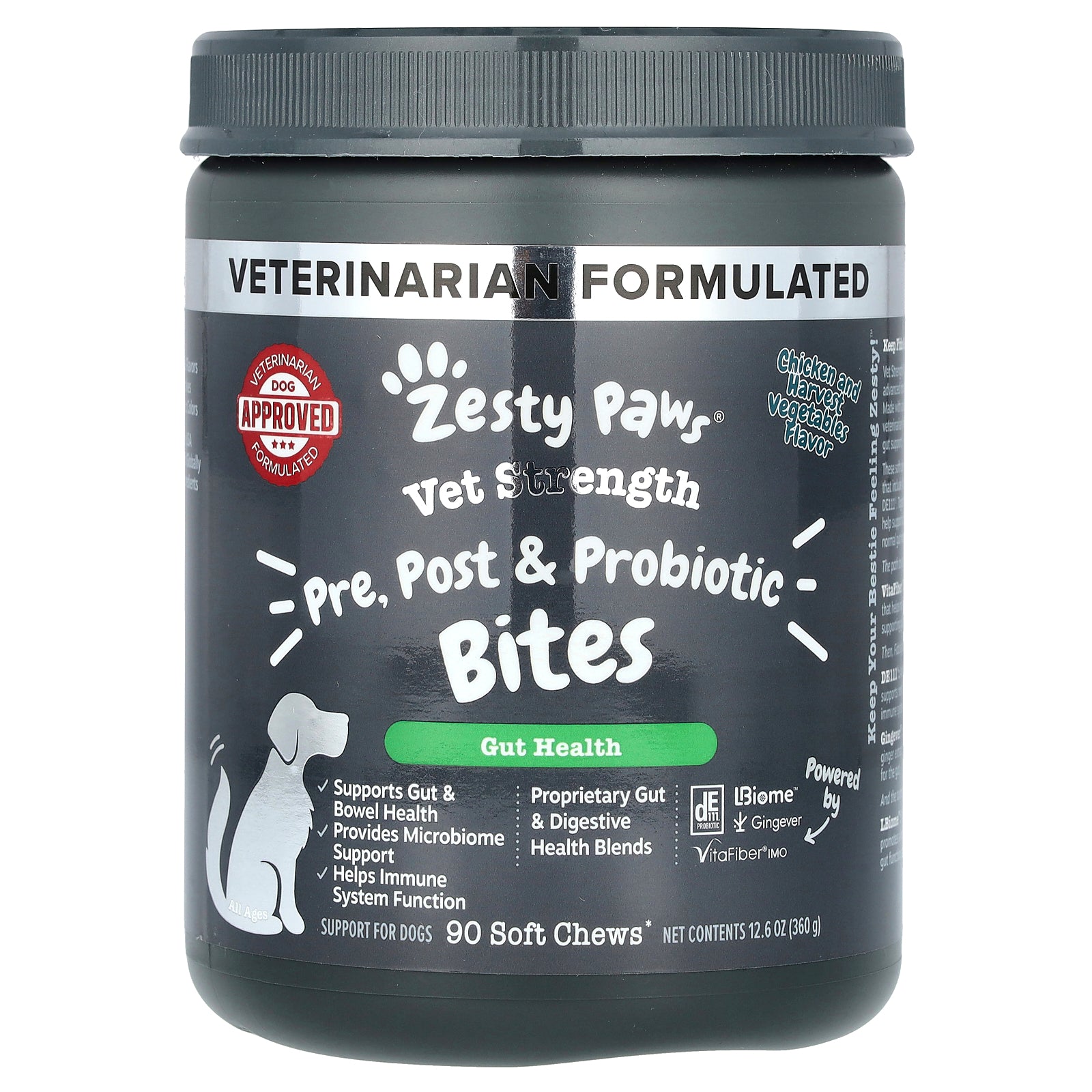 Zesty Paws, Vet Strength Pre, Post & Probiotic Bites, For Dogs, All Ages, Chicken and Harvest Vegetable, 90 Soft Chews, 12.6 oz (360 g)