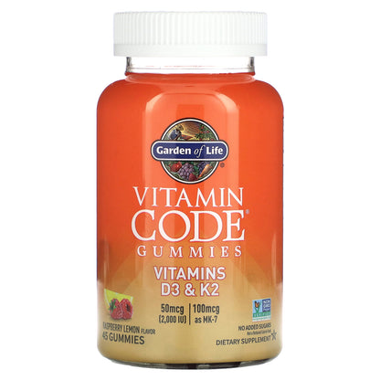 Garden of Life, Vitamin Code Gummies, Vitamins D3 & K2, Raspberry Lemon, 45 Gummies