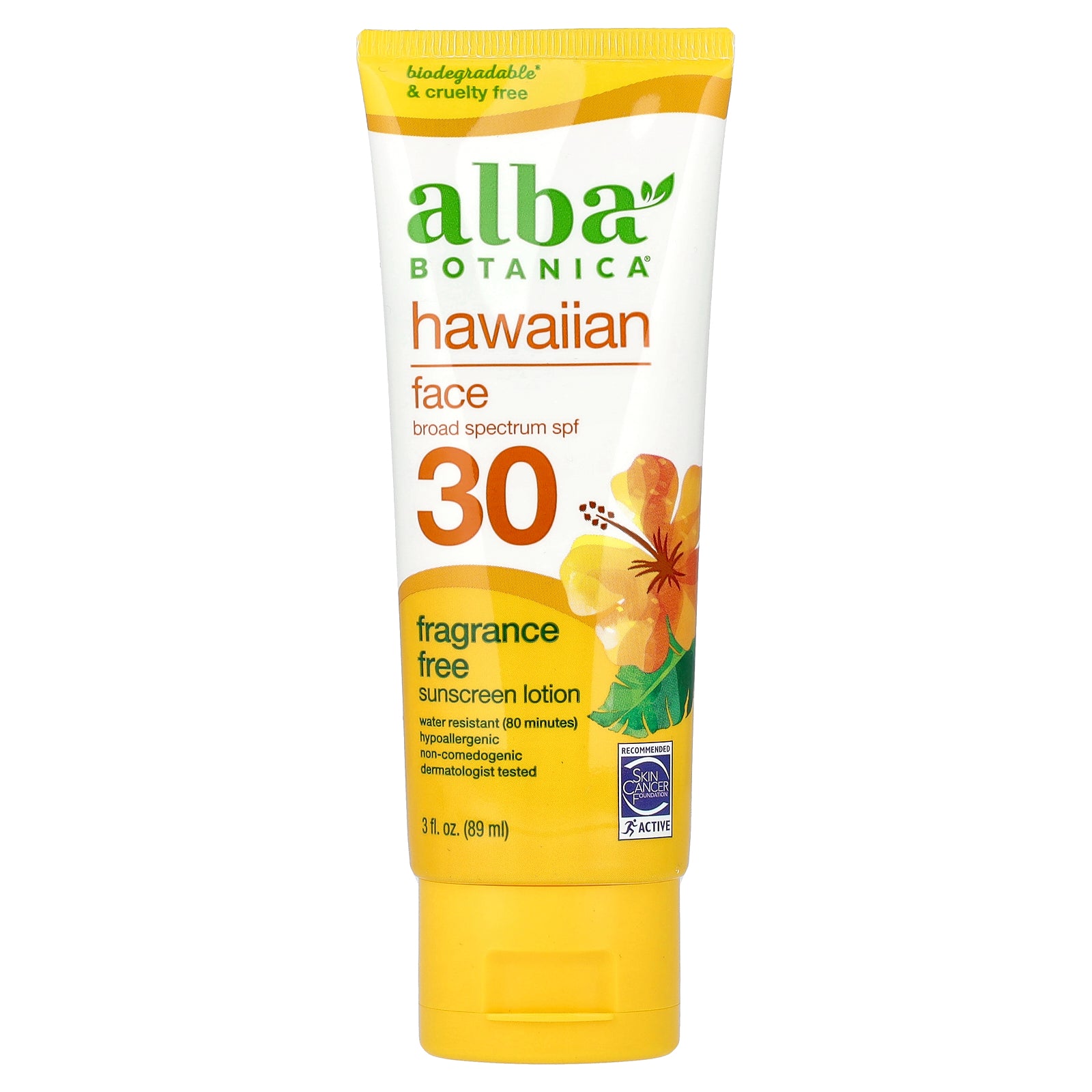 Alba Botanica, Hawaiian Face Sunscreen Lotion, SPF 30, Fragrance Free, 3 fl oz (89 ml)