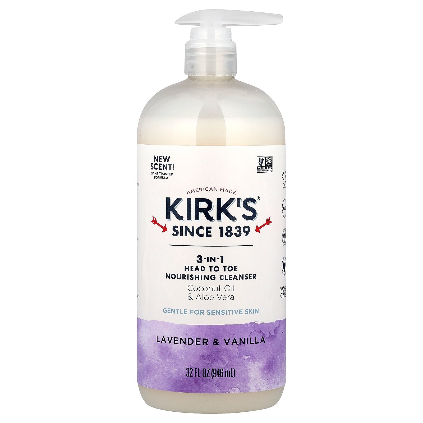 Kirk's, 3-In-1 Head To Toe Nourishing Cleanser, Lavender & Vanilla, 32 fl oz (946 ml)