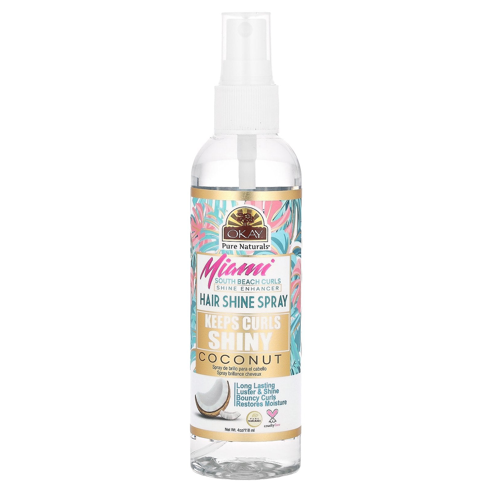 Okay Pure Naturals, Miami South Beach Curls, Shine Enhancer, Hair Shine Spray, Coconut, 4 oz (118 ml)