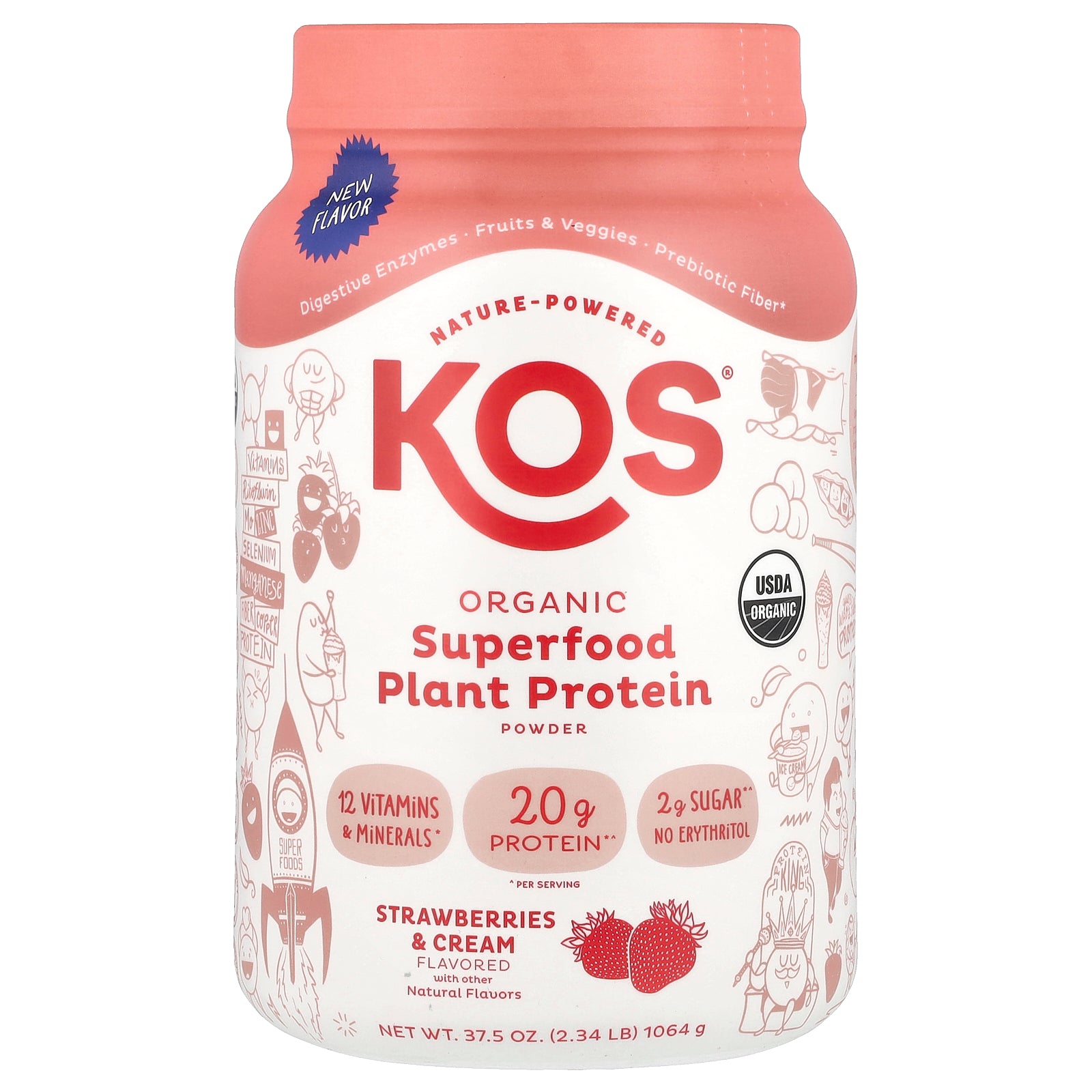 KOS, Organic Superfood Plant Protein Powder, Strawberries & Cream, 2.34 lb (1,064 g)