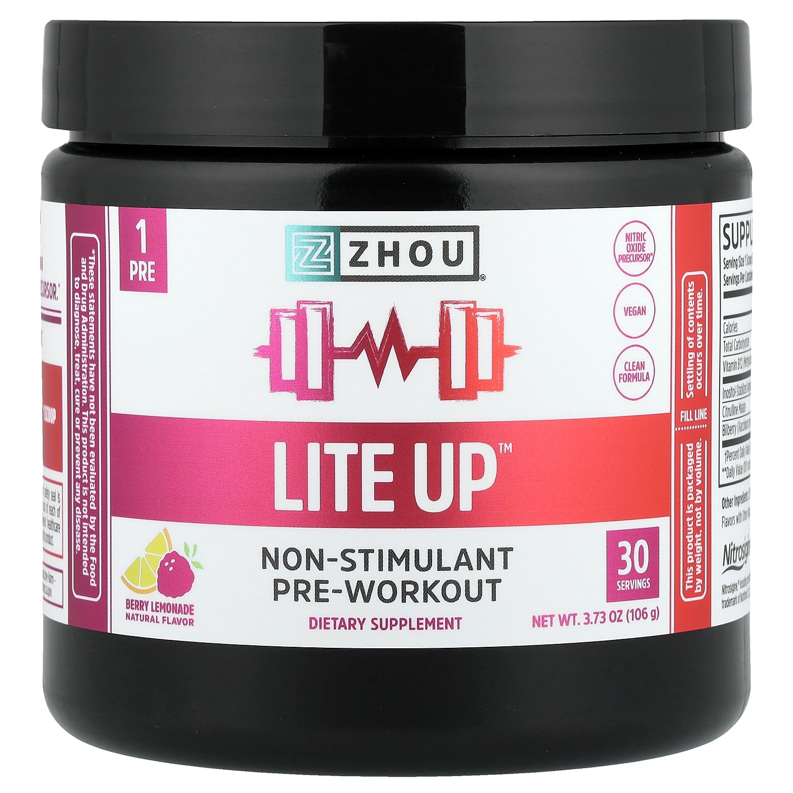 Zhou Nutrition, Lite Up™, Non-Stimulant Pre-Workout, Berry Lemonade, 3.73 oz (106 g)
