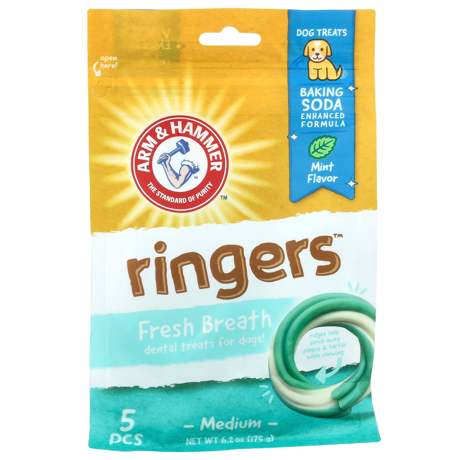 Arm & Hammer, Ringers, Fresh Breath Dental Treats For Dogs, Medium, Mint, 5 Pieces, 6.2 oz (175 g)