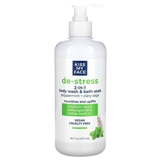 Kiss My Face, De-Stress, 2-in-1 Body Wash & Bath Soak, Peppermint + Clary Sage, 16 fl oz (473 ml)