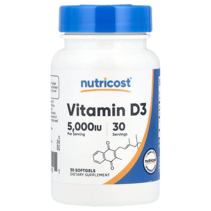 Nutricost, Vitamin D3, 125 mcg (5,000 IU), 30 Softgels