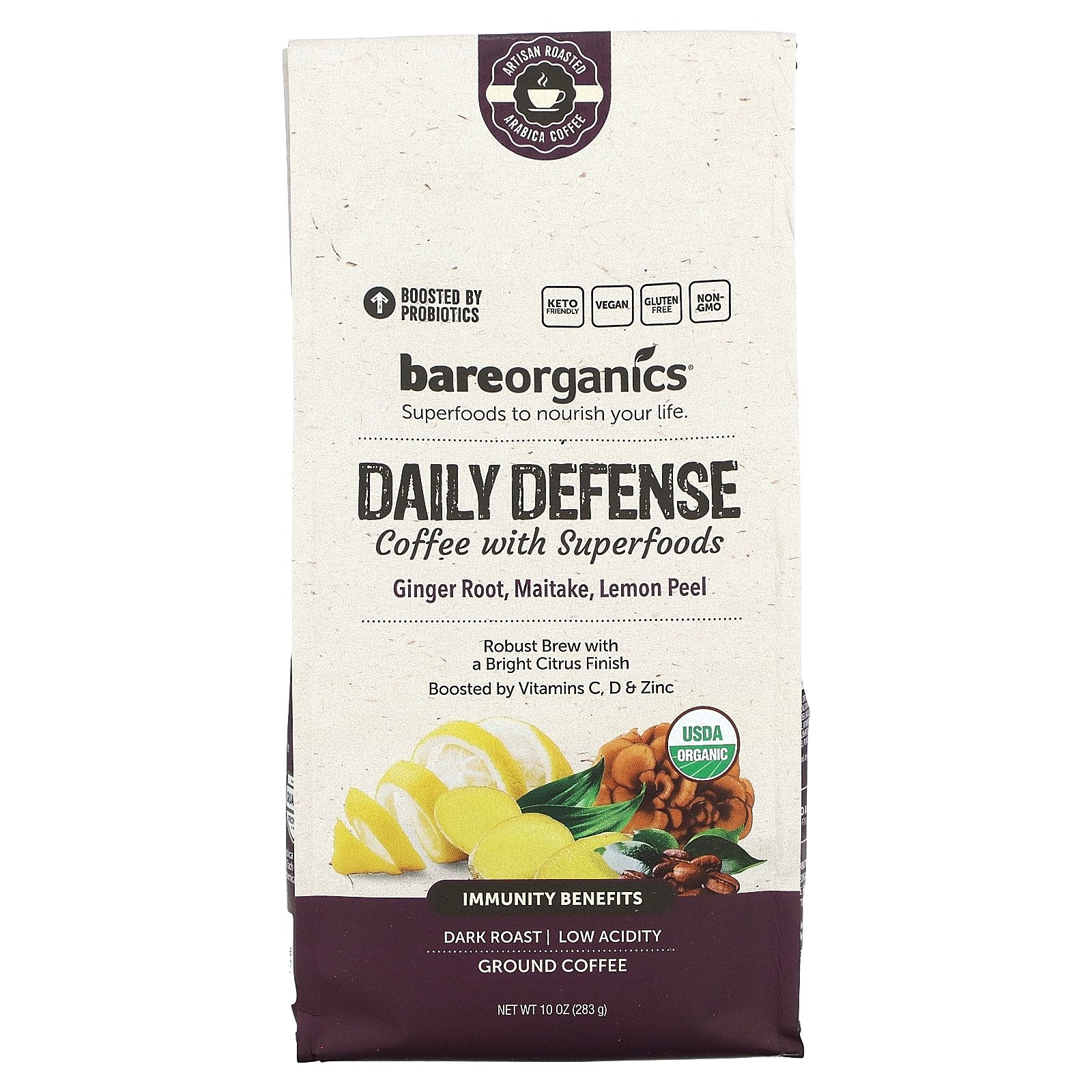 BareOrganics, Daily Defense Coffee With Superfoods, Ground, Dark Roast, 10 oz (283 g)