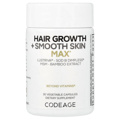 Codeage, Hair Growth + Smooth Skin, Max, 30 Vegetable Capsules