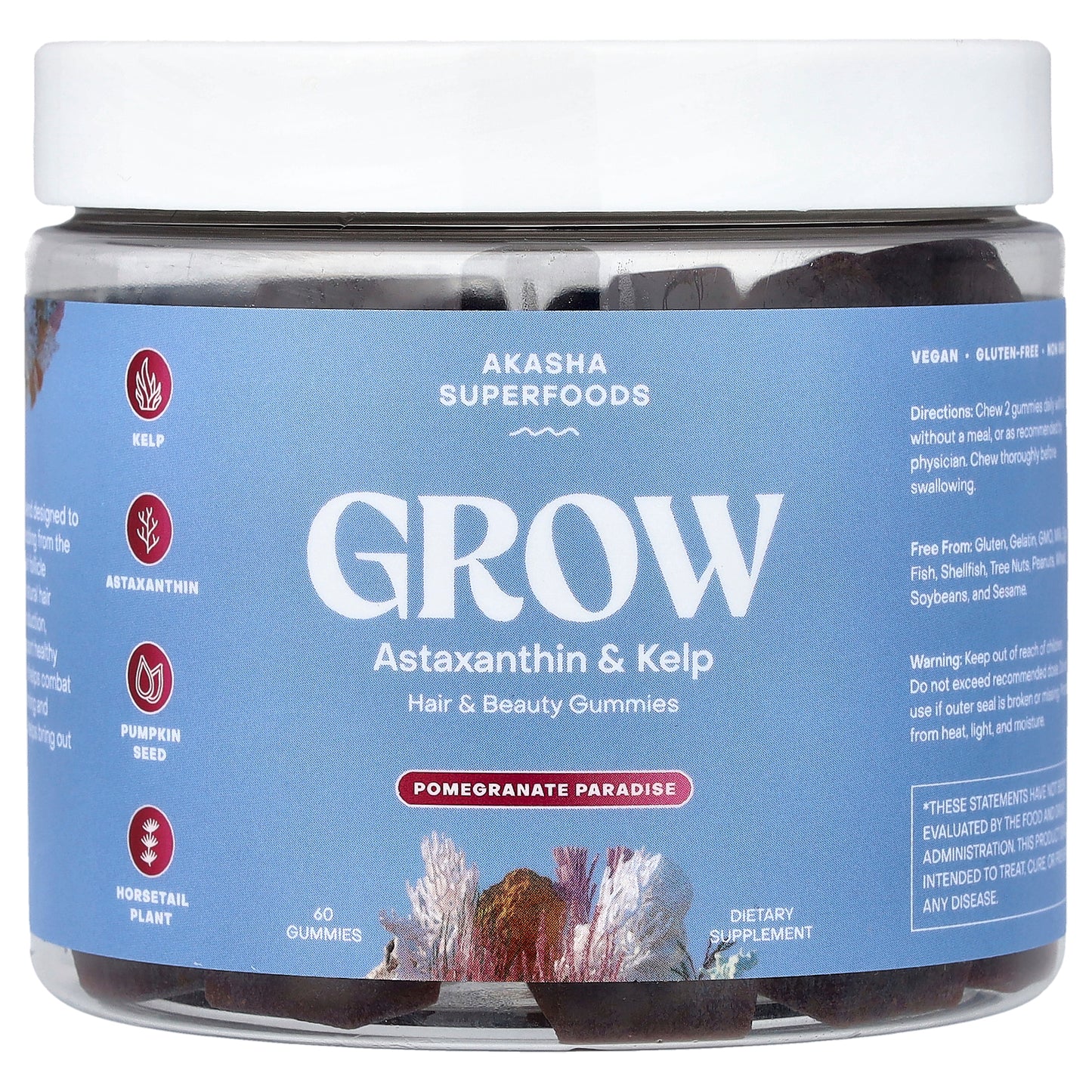 Akasha Superfoods, Grow, Hair & Beauty Gummies, Pomegranate Paradise, 60 Gummies