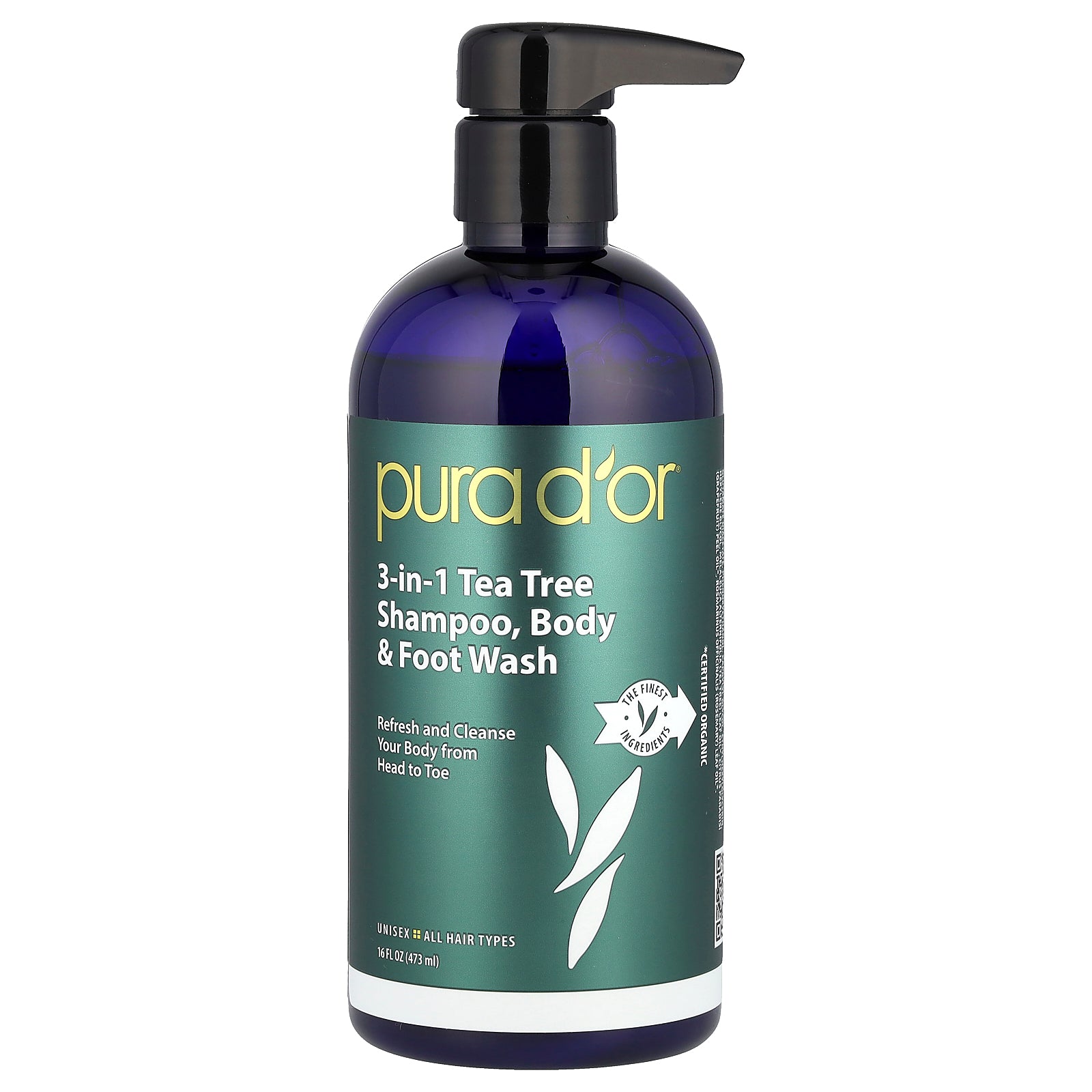 Pura D'or, 3-in-1 Tea Tree Shampoo, Body & Foot Wash, All Hair Types , 16 fl oz (473 ml)