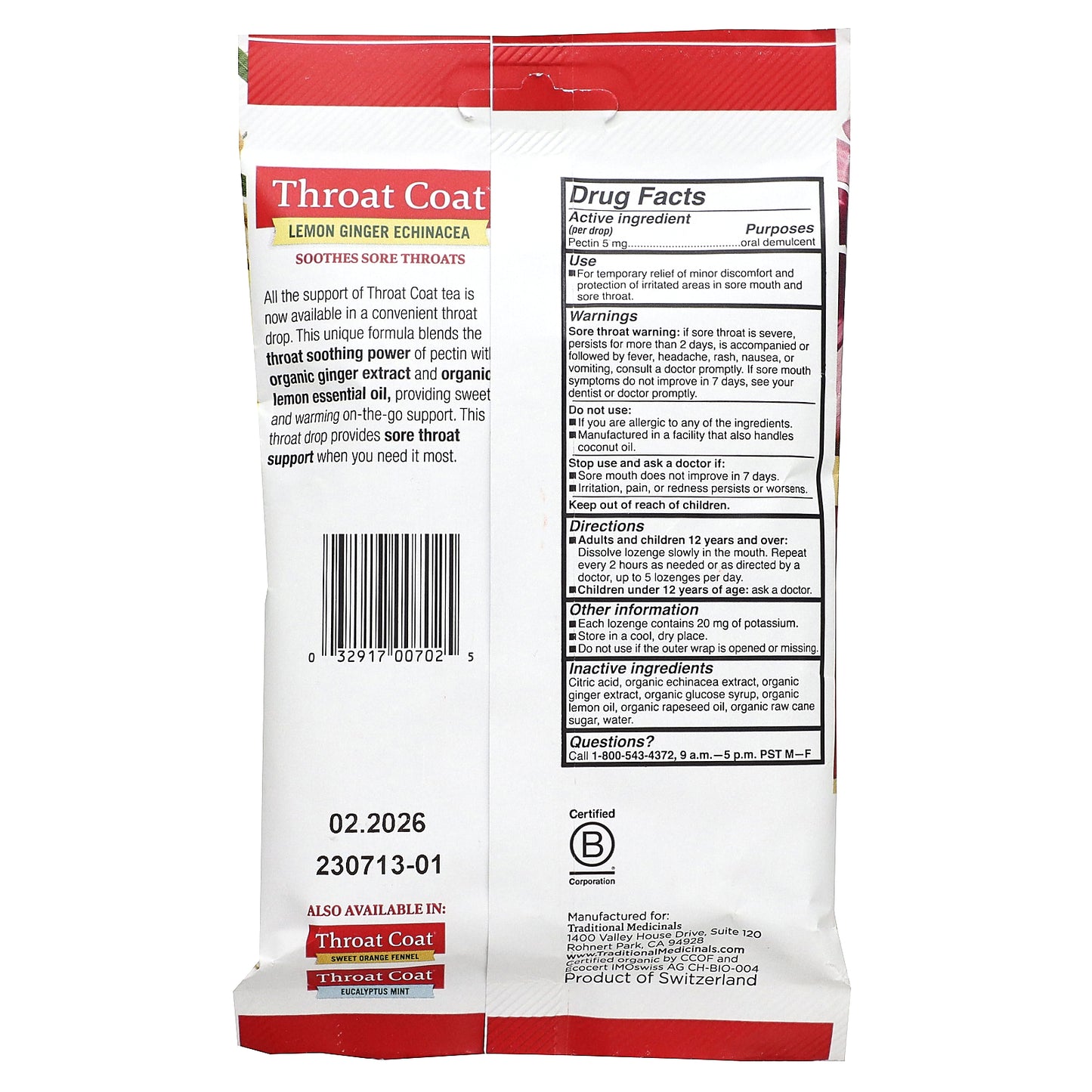 Traditional Medicinals, Organic Throat Coat® Drops, Lemon Ginger Echinacea, 16 Pectin Throat Drops