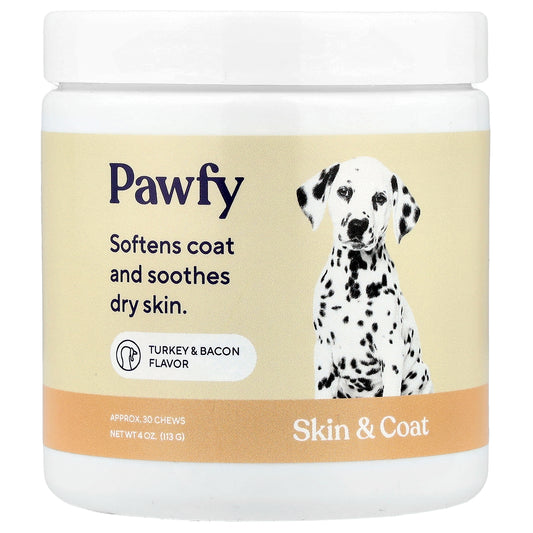Pawfy, Skin And Coat, Turkey & Bacon , 30 Chews, 4 oz (113 g)
