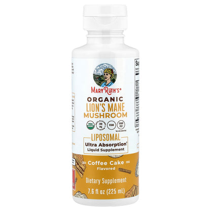 MaryRuth's, Organic Lion's Mane Mushroom, Liposomal Liquid Supplement, Coffee Cake , 7.6 fl oz (225 ml)