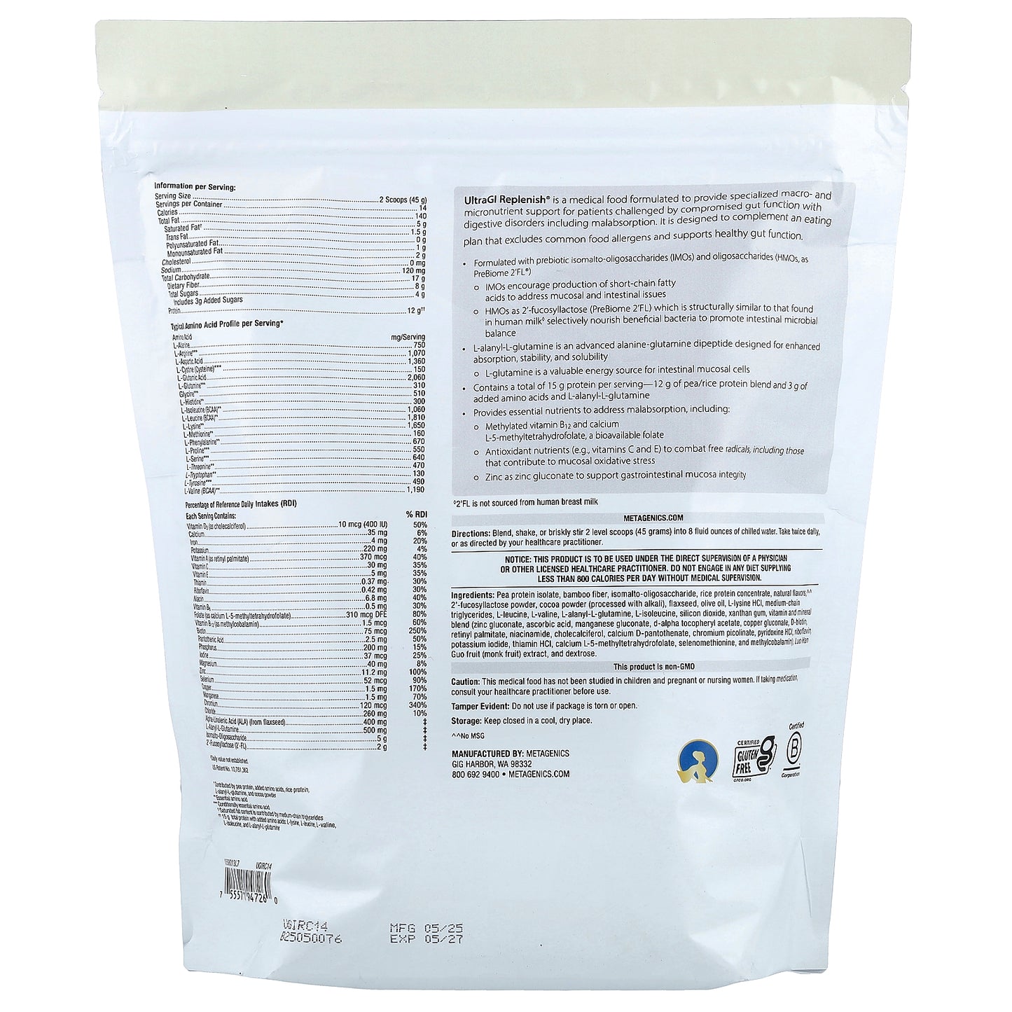 Metagenics, UltraGI Replenish, Chocolate, 22.22 oz (630 g)