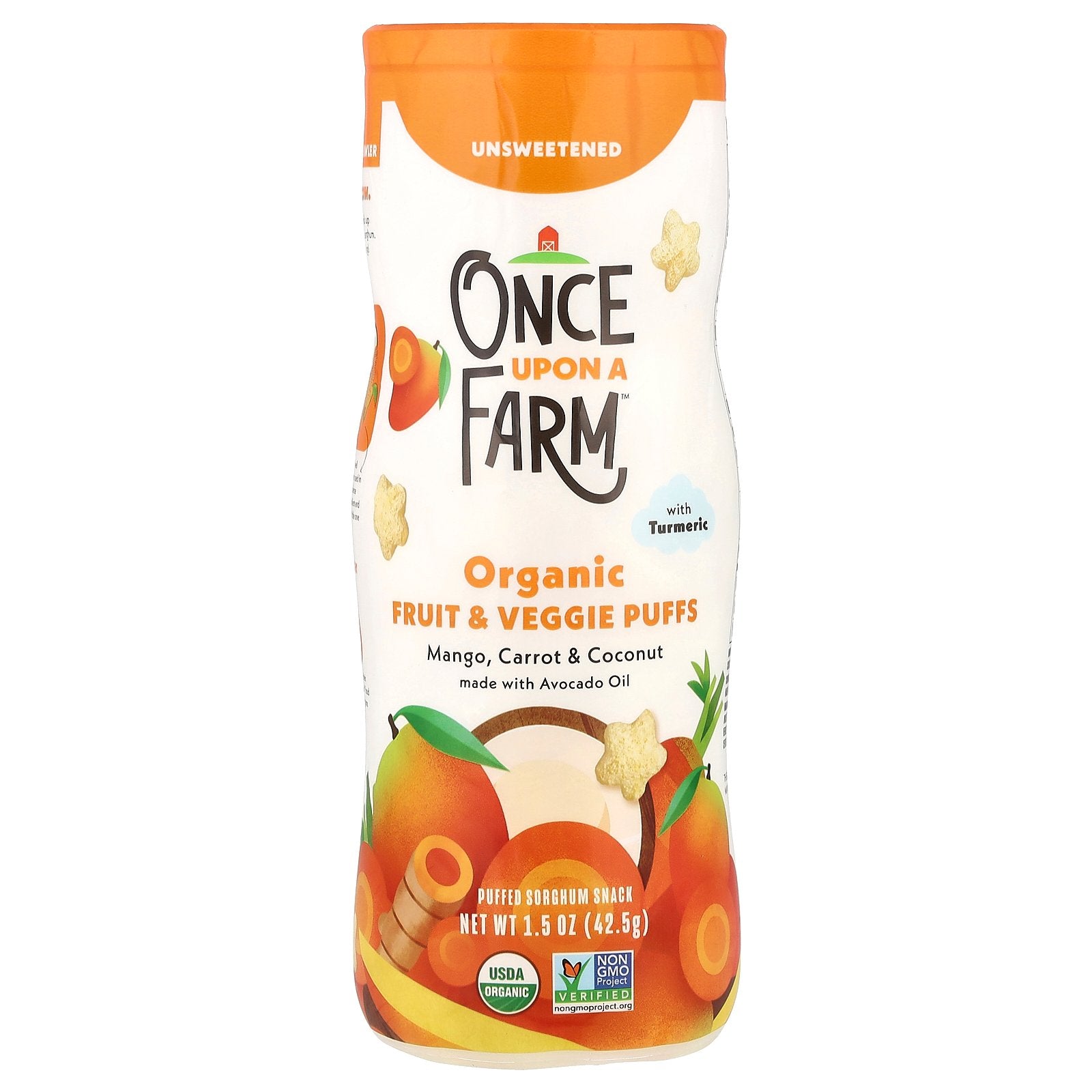 Once Upon A Farm, Organic Fruit & Veggie Puffs, Crawler, Mango, Carrot & Coconut with Turmeric, Unsweetened, 1.5 oz (42.5 g)