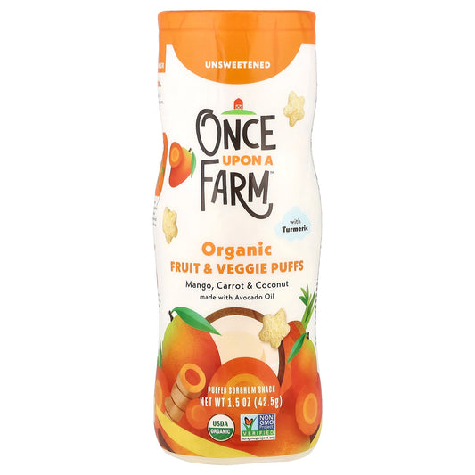 Once Upon A Farm, Organic Fruit & Veggie Puffs, Crawler, Mango, Carrot & Coconut with Turmeric, Unsweetened, 1.5 oz (42.5 g)