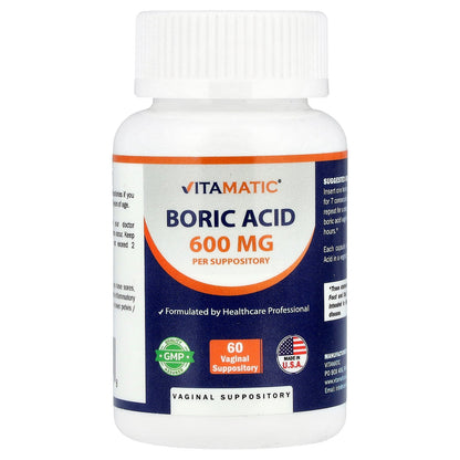 Vitamatic, Boric Acid, 600 mg, 60 Vaginal Suppositories