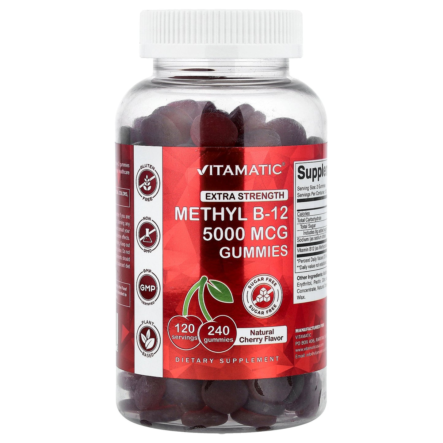 Vitamatic, Methyl B-12 Gummies, Natural Cherry, Sugar Free, 240 Gummies (2,500 mg per Gummy)