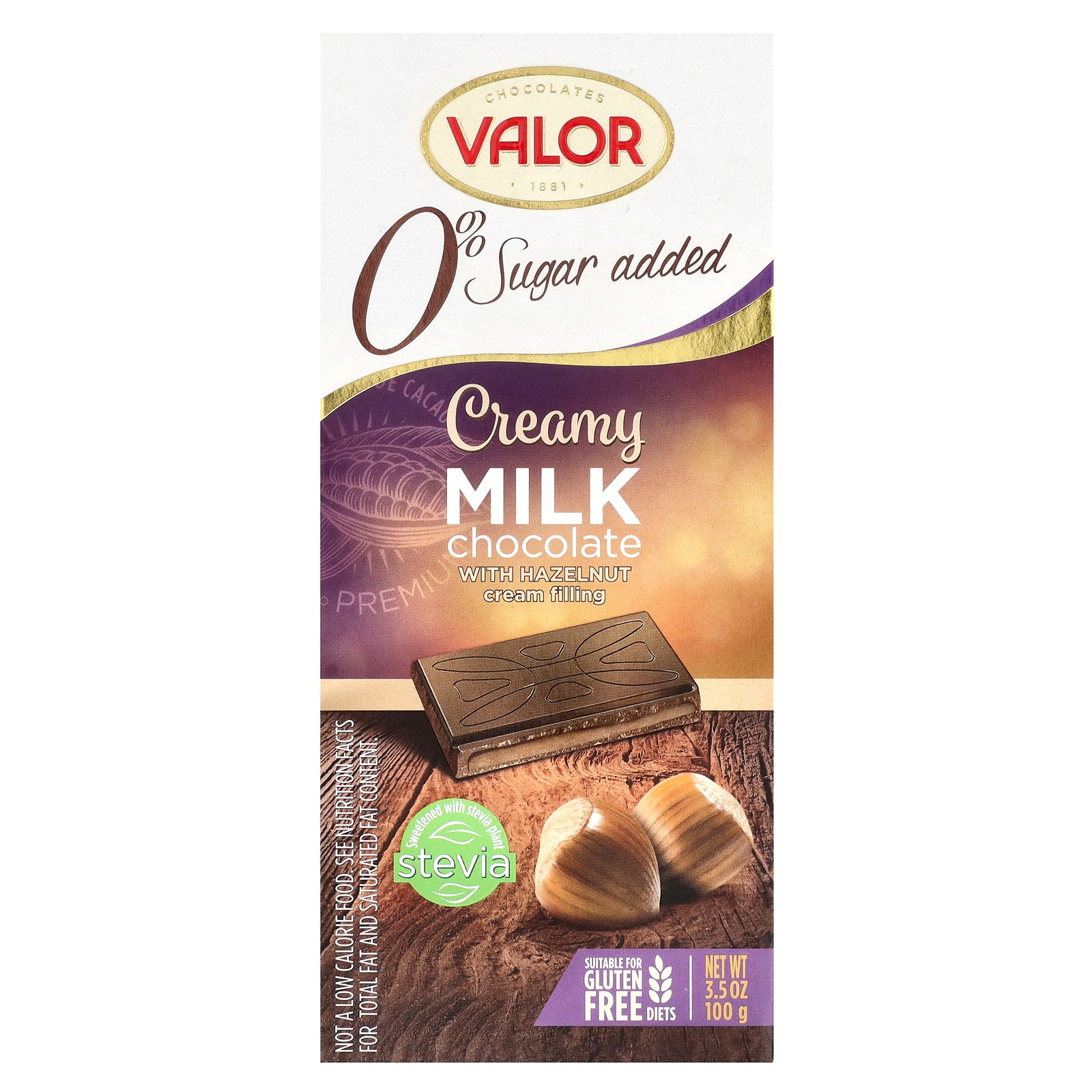Valor, 0% Sugar Added, Creamy Milk Chocolate with Hazelnut Cream Filling, 3.5 oz (100 g)