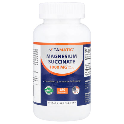 Vitamatic, Magnesium Succinate, 180 Capsules (500 mg per Capsule)