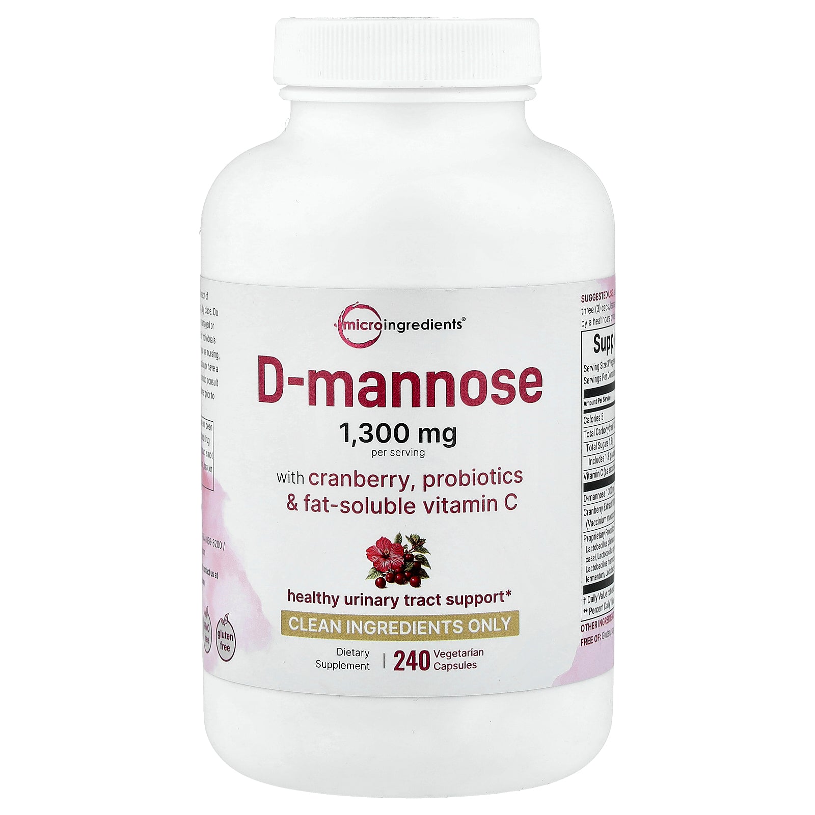 Micro Ingredients, D-Mannose With Cranberry, Probiotics & Fat-Soluble Vitamin C, 240 Vegetarian Capsules