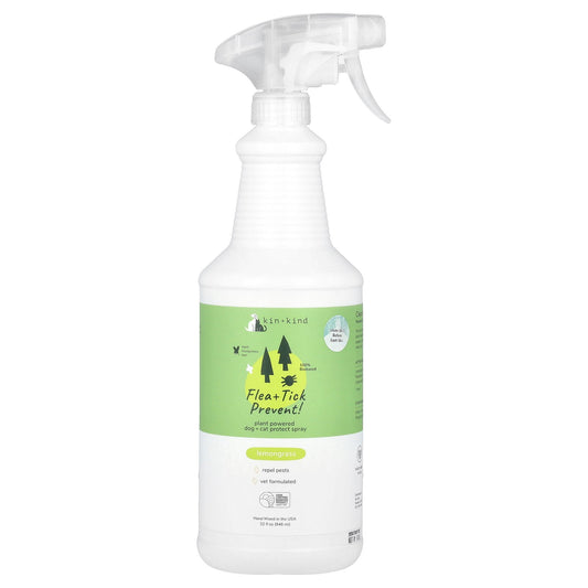 Kin+Kind, Flea + Tick Prevent!, Plant Powered Dog + Cat Protect Spray, Lemongrass , 32 fl oz (946 ml)
