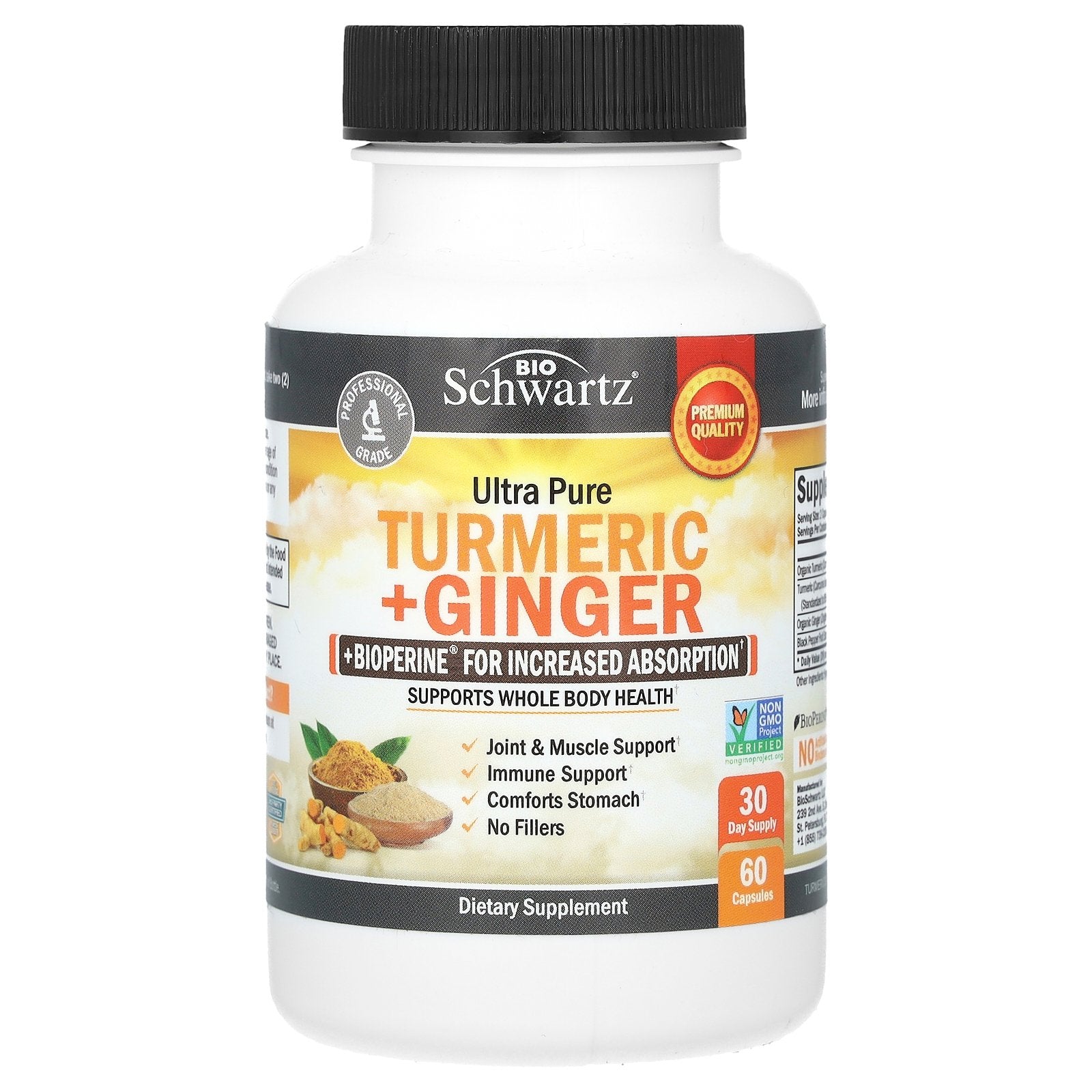 BioSchwartz, Ultra Pure Turmeric + Ginger + Bioperine For Increased Absorption, 60 Capsules