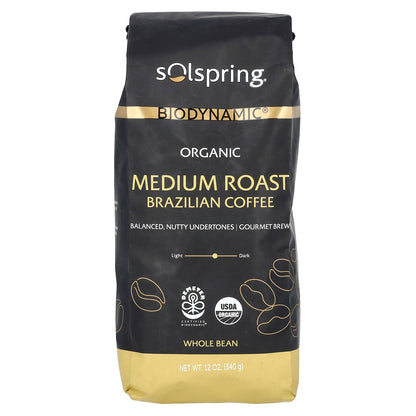 Dr. Mercola, Solspring, Biodynamic, Organic Brazilian Coffee, Whole Bean, Medium Roast, 12 oz (340 g)